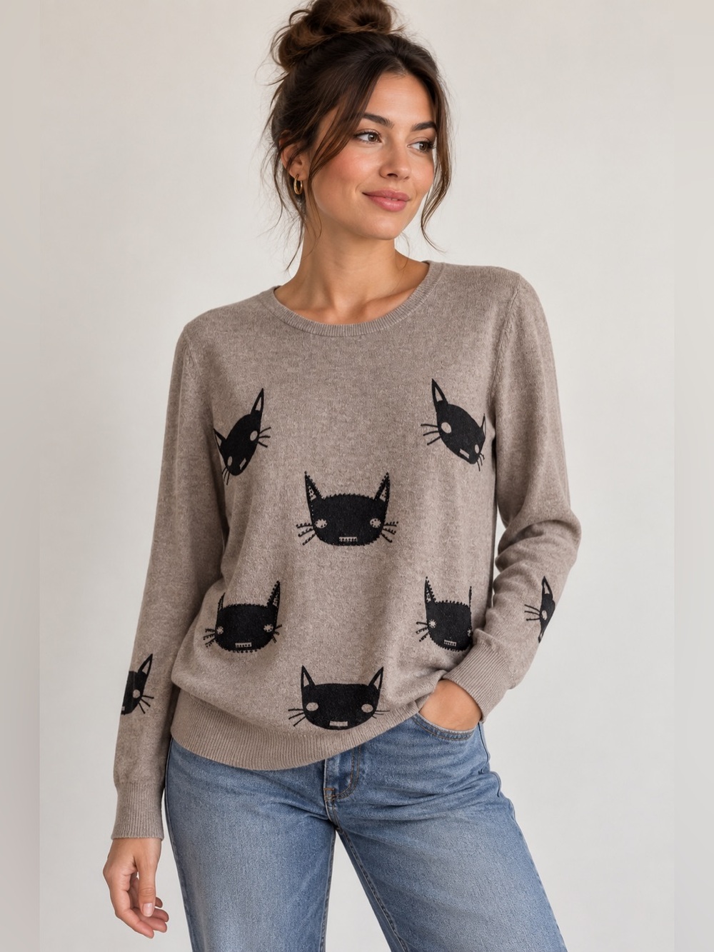 DD Style Cat Print Wool Blend Brown Sweater | Size Small/Medium